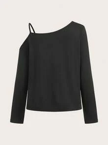 SHEIN Essnce Casual Minimalist Moon & Tree Print Dropped Shoulder Long Sleeve Women T-Shirt,Graphic Tees - Black - View 6