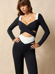 VARSIVA Women's Black And White Color Block Long-Sleeved Jumpsuit With Knotted Ballet Style, Elegant Long Sleeves, Crossover, Simple Casual Jumpsuit, Fitness Wear, Suitable For Yoga Fitness, Spring, Autumn And Winter - Multicolor - View 6