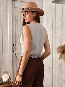 Wildy 波西米亚风女士休闲乡村蕾丝拼接无袖背心衬衫，秋冬日常百搭单品 - 杏色 - 查看 2