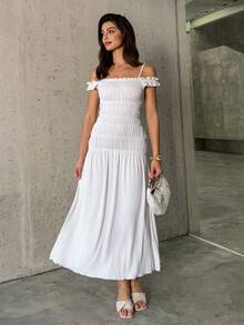 Firerie Women's Elegant Minimalist Delicate Romantic Valentine's Day Date Party Everyday Vacation Pleated Off Shoulder Spaghetti Strap A-Line Long White Dress - White - View 2