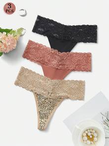3pcs/Set Sexy Lace Patchwork Thong Panties For Women - Multicolor - View 1