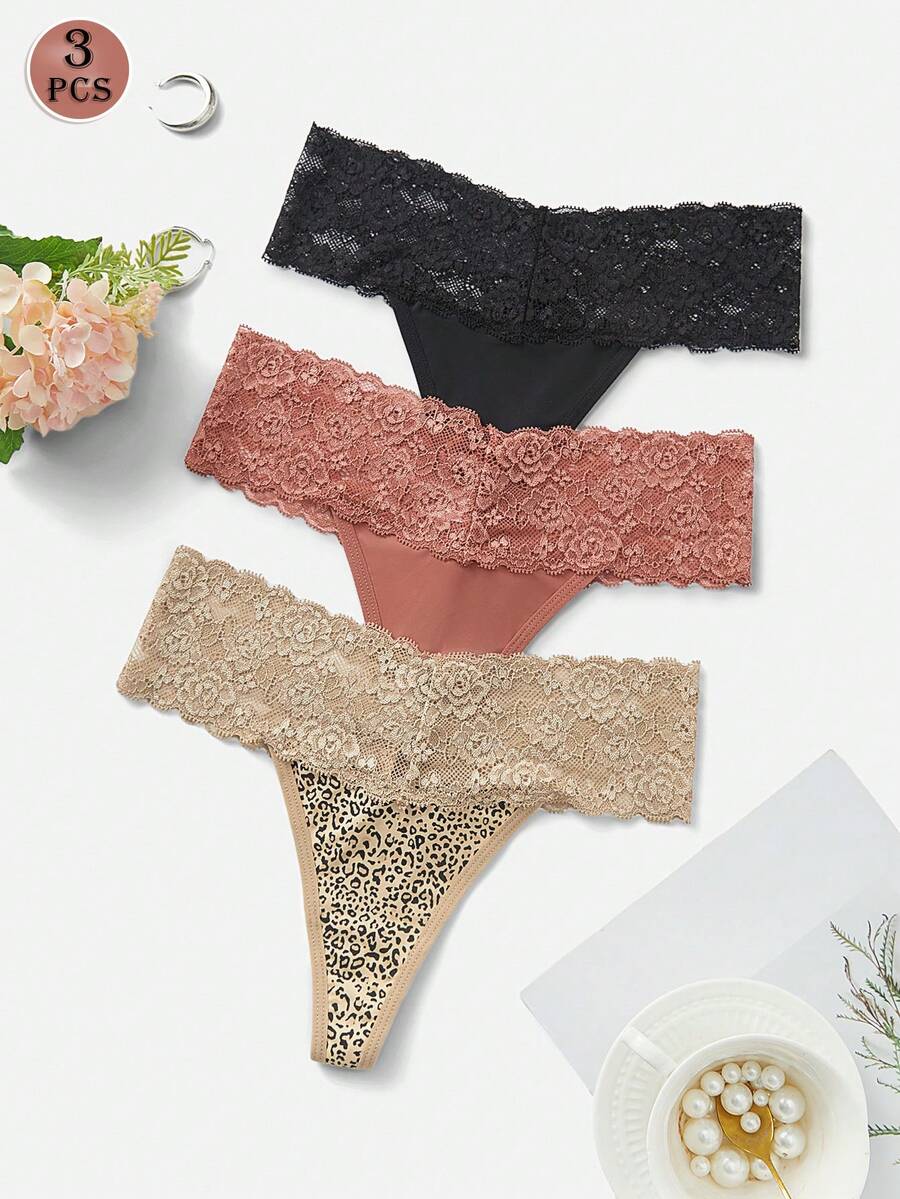 3pcs/Set Sexy Lace Patchwork Thong Panties For Women - Multicolor - View 1