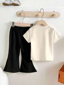 Baby Girl Casual Daily Commute Fashion Street Leopard Print Cherry Letter Graphic Short Sleeve T-Shirt And Flare Pants Set, Spring/Summer/Autumn - Multicolor - View 2