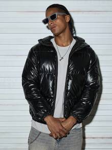 Modcrash Men's Zipper Open Top Hooded Winter Warm, Loose, Lightweight Winter Coat, For Fall - Black - View 6