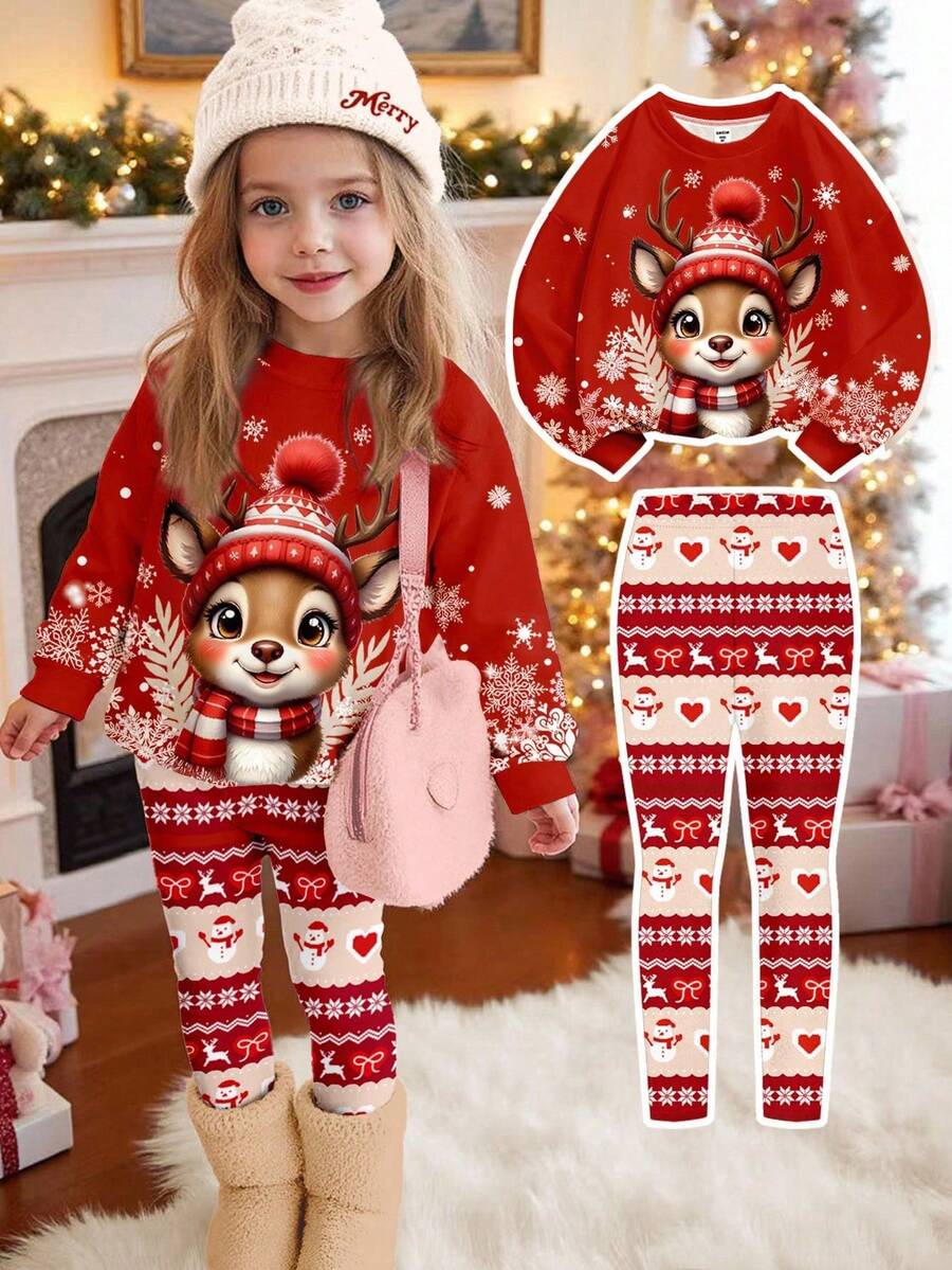 SHEIN Happikins Christmas Cute Cartoon 3D Reindeer Print Young Girl Crew Neck Sweatshirt And Skinny Leggings Set For Autumn,Family Matching,Winter - Multicolor - View 1