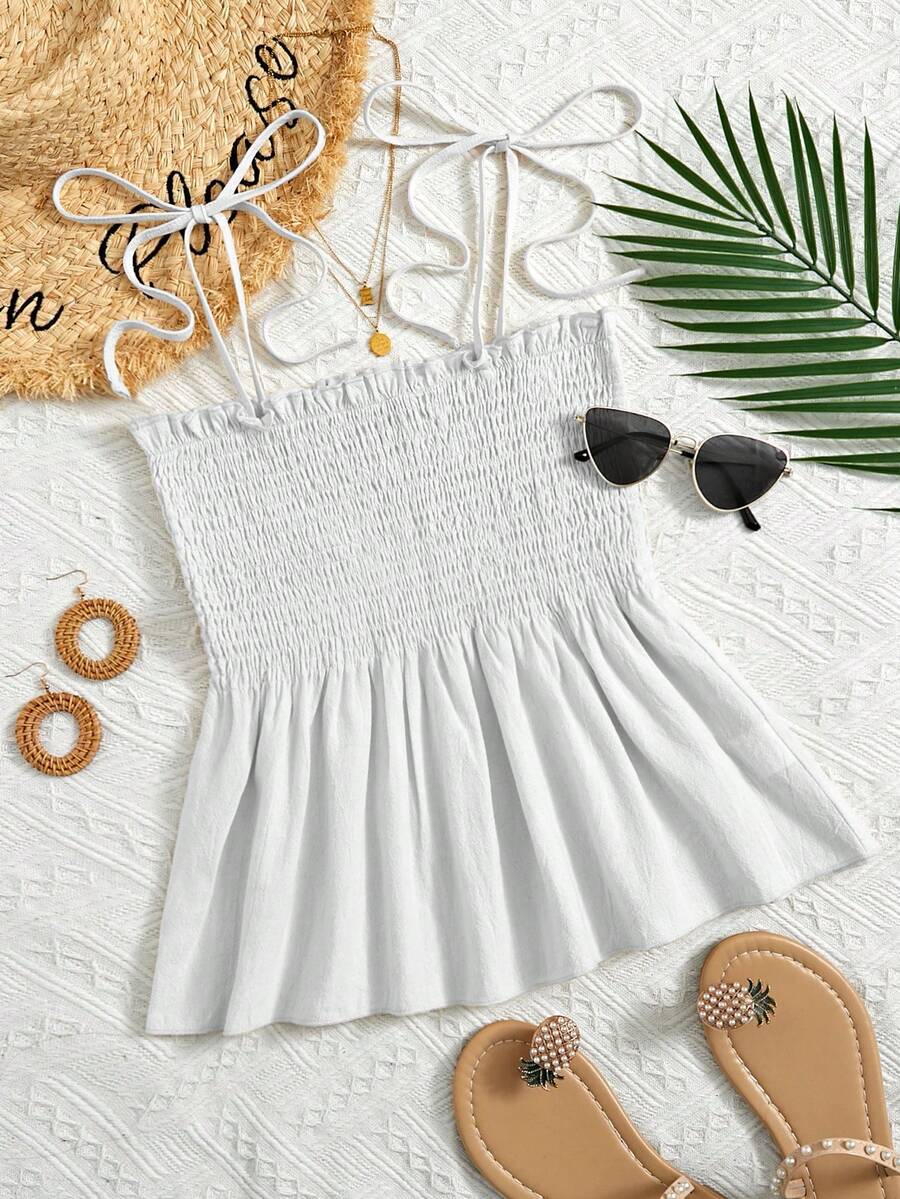 Trelyra Áo hai dây xếp ly màu trơn dành cho nữ khi đi nghỉ - trắng - Xem 1