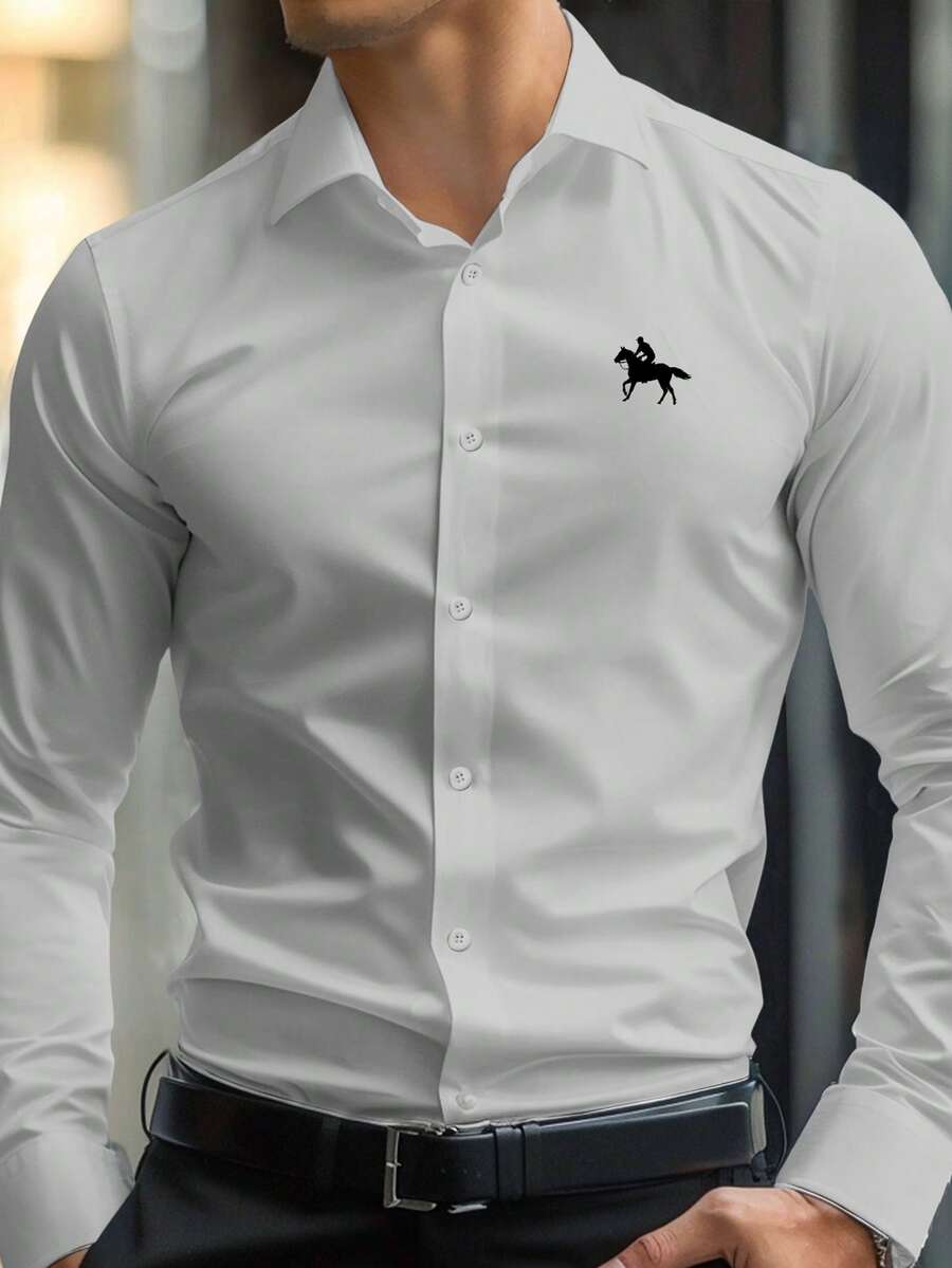 Manfinity Mode 男士图案刺绣前扣商务休闲长袖衬衫 - 淺灰色 - 查看 1