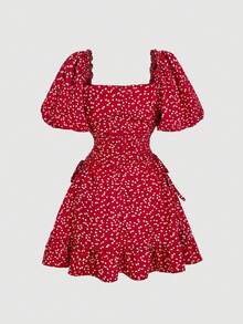 SHEIN MOD 女士方领泡泡袖系带连衣裙，波西米亚风荷叶边蕾丝系带荷叶边短袖方领修身红色泡泡袖纯色A字短裙，春夏派对/夜店装扮 - 紅色 - 查看 2