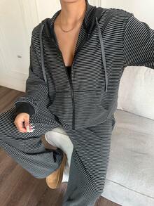Dazy Plus Chaqueta con capucha con cremallera y pantalones rectos de dos piezas a rayas, informal, para mujer de talla grande, para primavera/otoño - Negro - Ver 7