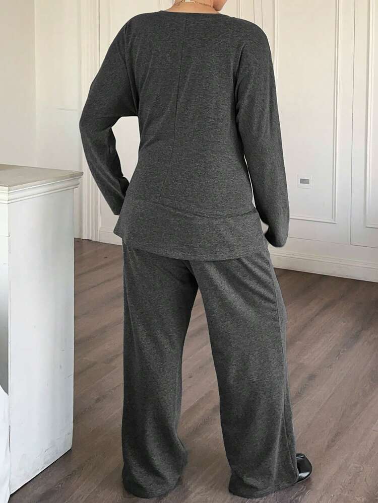 Dazy Plus 2pcs/Set Women Plus Size Casual Elastic Knit Fabric Long Sleeve T-Shirt And Pants Skirt Combo Dress Lounge Sets For Women