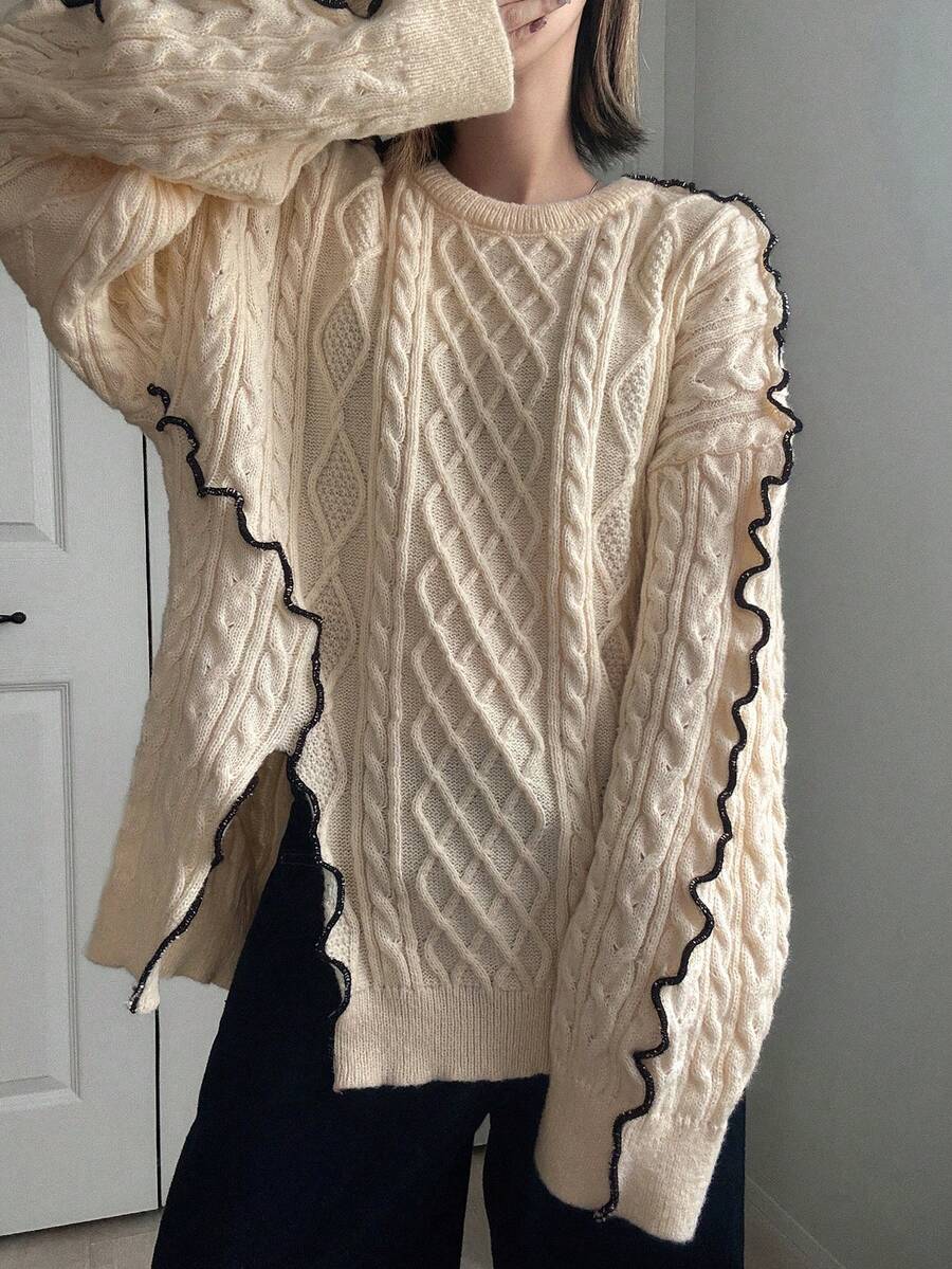 FRIFUL 女士圆领宽松绞花针织套头毛衣，饰有撞色波浪形滚边 - 米色 - 查看 1