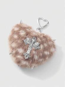 ROMWE Kawaii 1件Y2K复古朋克哥特风棕色仿毛皮豹纹铆钉3D心形十字架吊坠钥匙扣，适合女性，日常佩戴或作为礼物，万圣节 - 棕色-39 - 查看 5