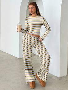 Aloruh Women's Casual Homewear Pajama Set, Includes Striped Crew Neck Long Sleeve Tee And Striped Relaxed Straight Leg Pants, Suitable For Daily Wear, Sports, Autumn/Winter