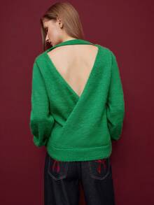 Maija Women's Solid Color Round Neck Long Sleeve Casual Sweater With Cutout Back, Autumn/Winter Christmas Clothes  New Year Clothes  Stylish Clothing Collection  Green Top  Women's Social Blouse Casual Blouse For Women - Green - View 2