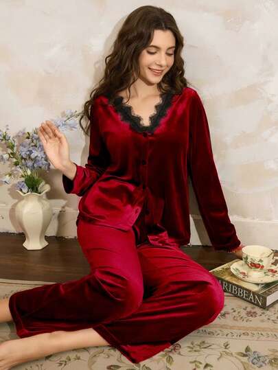Côtesoire Women's Solid Color French Style Loose V-Neck Contrast Lace Long Sleeve Velvet Pajama Set Red Silk Pajamas Red Satin Pajamas Women Sexy Pajama Sets For Women Burgundy Pajama Set Lounge Wear Women Set