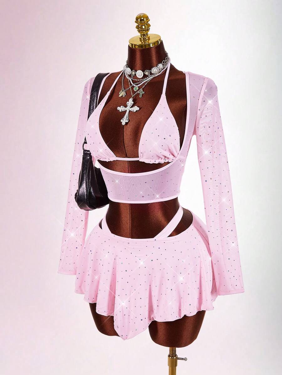 Amplova 2pcs/Set Sequin Detail Sexy Tight Fit Long Sleeve Crop Top & Tight Fit Inverted V Mini Skirt Mesh Two Piece Set Pink Two Piece Outfit - Pink - View 1