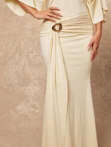 Lumalex 女士优雅黄色扭结设计金属装饰短袖修身喇叭连衣裙，春夏款 - 黃色 - 查看 8