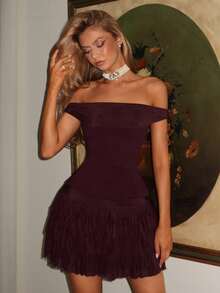 Vowa 优雅浪漫时尚的咖啡色弹力网纱缎面拼接露肩长袖多层荷叶边连衣裙，适合音乐节、生日派对、婚礼、下午茶聚会、鸡尾酒会等场合。 - 咖啡棕 - 查看 4