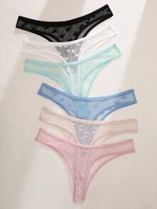 6pcs/Pack Women's Fashionable Sweet Heart Mesh Thong Panties - Multicolor - View 1