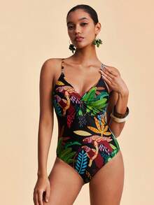 Travachic Maillot de bain une pièce sexy imprimé plante tropicale pour femmes, tenue de plage, tenues de plage pour femmes, Nouvel An, Noël, été, bikinis de plage d'été pour femmes, tenue d'été pour femmes, maillots de bain modestes, vacances, fleur, graphique, fête, plage, élégant, luxe, chic, tenues de vacances