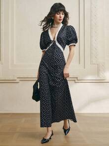 Cévolie Women's Sexy V-Neck Black & White Polka Dot Lace Collar Puff Sleeve Mini Dress - Multicolor - View 7