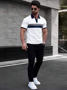 Manfinity CasualCool Men's Striped Short Sleeve Casual Commuter Polo Shirt Tshirts For Men Polo Knitted Men Shirt Mens Summer Wear - White - View 3