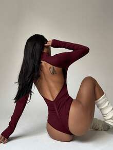 Dewbera Fashionable Solid Color Versatile Mock Neck Long Sleeve Jumpsuit, Autumn - Burgundy - View 5