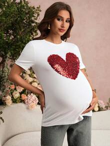 SHEIN Maternity Clothes Maternity  Tops Summer Pregnant Clothes White Crew Neck T-Shirt With Sequined Heart Knit Plain Weave, Perfect For Parties, Parties, And Valentine's Day. - White - View 6