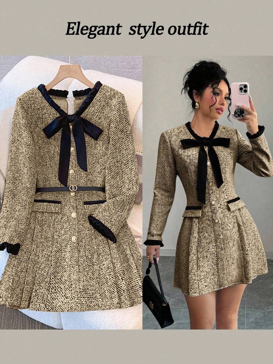SHEIN Franclia 女士蝴蝶结装饰长袖褶裥下摆优雅迷你连衣裙 - 卡其色 - 查看 1