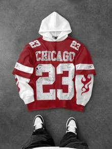 Manfinity Campus Court Men's Retro Distressed Chicago Letter Graphic Patchwork Pullover Hoodie, Fall/Winter - Multicolor - View 1