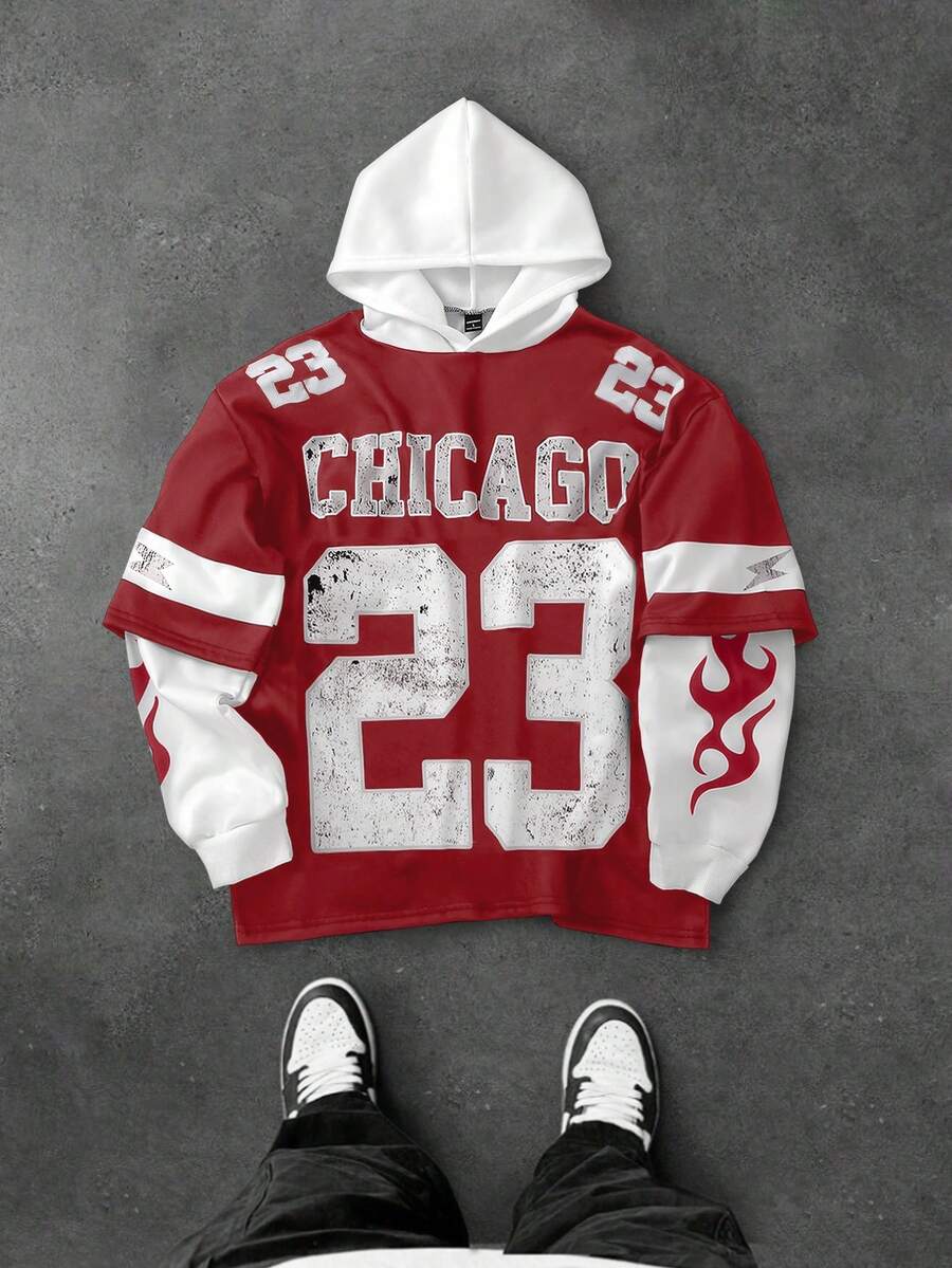 Manfinity Campus Court Men's Retro Distressed Chicago Letter Graphic Patchwork Pullover Hoodie, Fall/Winter - Multicolor - View 1