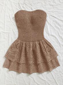 Sweetra Navy Blue Vacation Style Pleated Sleeveless Halter Sexy Cinched Waist Hollow Embroidered Ruffle Hem Elegant Dress - Camel - View 3