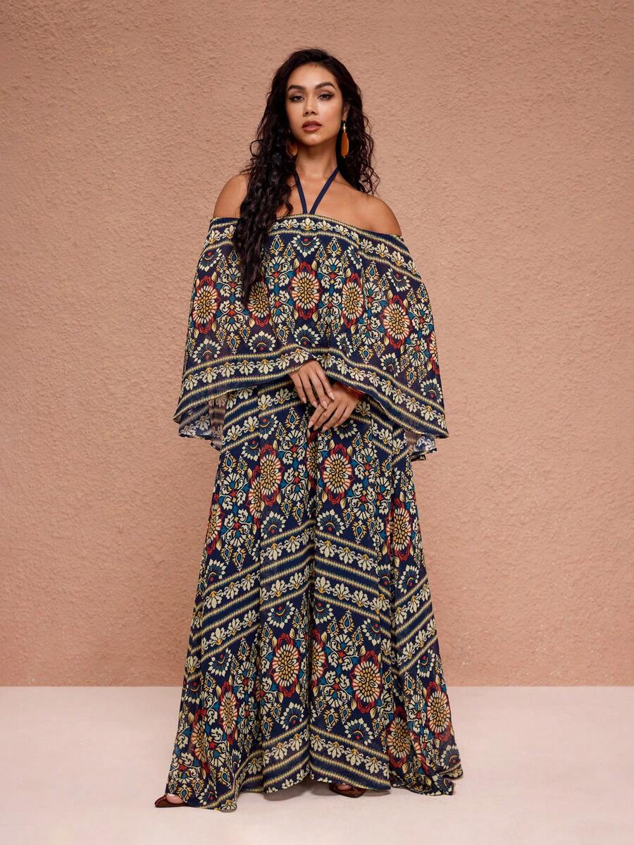 JIAN LASALA 多色印花雪纺露肩系带多层波西米亚风长裙，适合女性穿着。这款波西米亚风长裙也可作为女士露肩连衣裙，适合情人节穿着，展现波西米亚风情。适合海滩婚礼宾客穿着。 - 彩色 - 查看 1