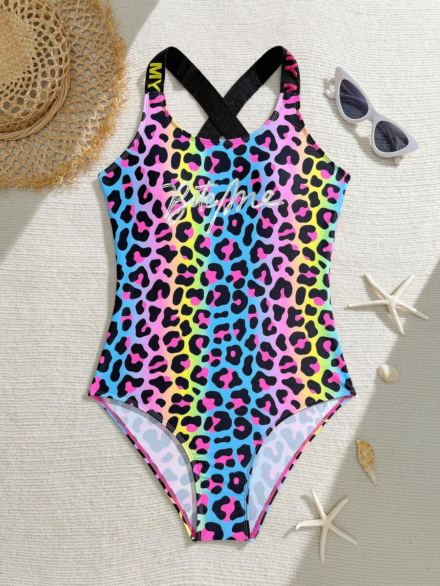 SHEIN 少女渐变豹纹字母图案交叉露背连体泳衣，夏季海滩度假 - 彩色 - 查看 1