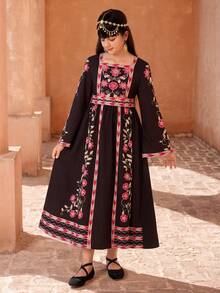 斋月长袍，宽松喇叭袖方领印花连衣裙，配可拆卸腰带，休闲优雅长裙，适合日常穿着和聚会，春夏皆宜。 - 黑色 - 查看 10