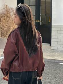DAZY Tween Girl Solid Color Drop Shoulder Long Sleeve Zipper Front PU Leather Loose Casual Jacket Spring - Burgundy - View 4