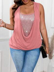 EMERY ROSE Plus Size Square Neck Knit Top, Minimalist Sleeveless 2 In 1 Soft Knit Sequin Patchwork Cinched Waist Loose Casual Camisole And Tank Top - Pink - View 3