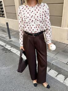 Serisse 女士全印花泡泡长袖单排扣休闲时尚衬衫，草莓衬衫，不规则波点印花衬衫，端庄衬衫，蕾丝装饰设计，红心皇后衬衫，红色上衣，法式风格，巴黎女士，欧式风格，欧洲度假风，秋冬季，优雅女士衬衫 - 紅白色 - 查看 6