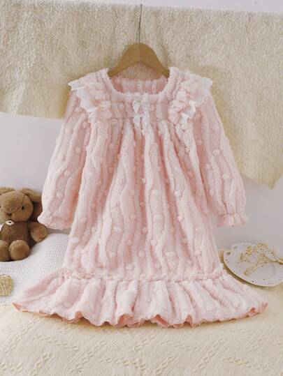 女童优雅花卉蕾丝拼接浅粉色毛绒蝴蝶结舒适长袖长款睡袍家居服