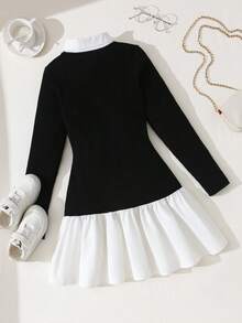 Vestido camisero ajustado para niñas preadolescentes con bajo plisado, manga larga, informal y cómodo - Negro - Ver 2