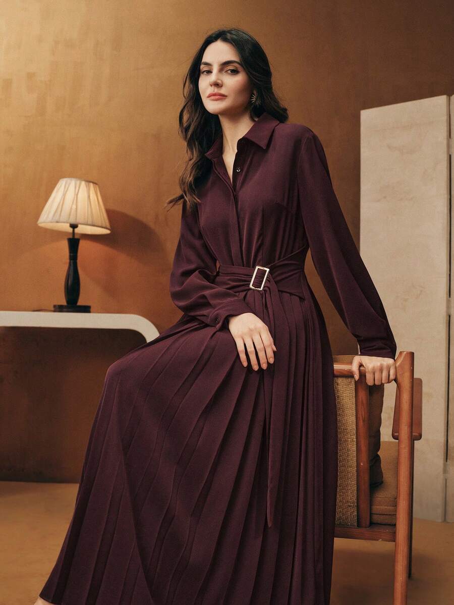 Anewsta 春秋新款紫红色母亲节休闲Polo领褶皱连衣裙，腰部系带，长袖女式长裙 - 棕色 - 查看 1