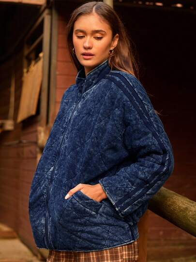 WESTFADE 翻领拉链前开襟超大款绗缝针织外套，适合秋季、冬季穿着，风格波西米亚风、西部风，女士款