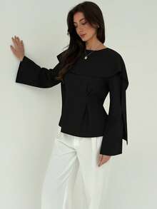 Aloruh بلوزة نسائية كاجوال ذات لون أحادي مع أكمام مطوية وذيل بيبلوم، مناسبة للربيع والخريف