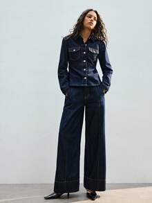 Maija Retro Classic Collared Denim Cardigan With Shoulder Detail, Puff Sleeves, A-Line Hem, Denim Jacket. - Dark Wash - View 6