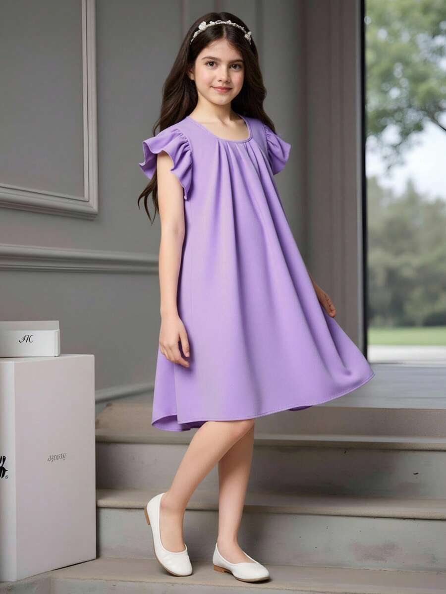 SHEIN 假日、夏季、旅行 青少年女孩纯色褶皱休闲连衣裙,韩版短袖休闲连衣裙,女童儿童纯色连衣裙 - 淡紫色 - 查看 1