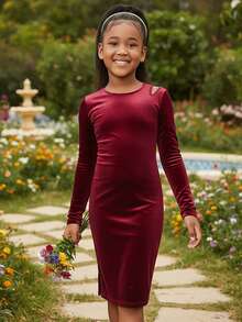 SHEIN Vestido largo de manga larga, ajustado, con hombros descubiertos y abertura, de terciopelo burdeos, elegante para niña preadolescente, adecuado para fiestas y salidas, otoño/invierno - Burdeos - Ver 4