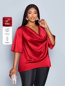 SOLERSUN Bluzka damska w dużym rozmiarze, modna, w jednolitym kolorze, elegancka, z golfem, stylowa i wyrafinowana, z rękawami typu nietoperz, na lato, z krótkim rękawem i luźnym kołnierzykiem, z czerwonej satyny, na 2026 rok, na Nowy Rok, na imprezę, na lato, na wakacje, na Walentynki, na co dzień