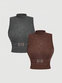 SHEIN MOD 两件装纯色修身款，金属扣装饰设计，完美适用于办公通勤、派对、皇家盛装、节日庆典和生日穿着。 - 彩色 - 查看 9