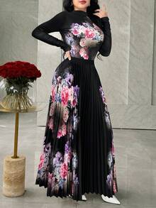 Modelyn 女士印花立领长袖上衣和百褶中长裙两件套 - 黑色 - 查看 4