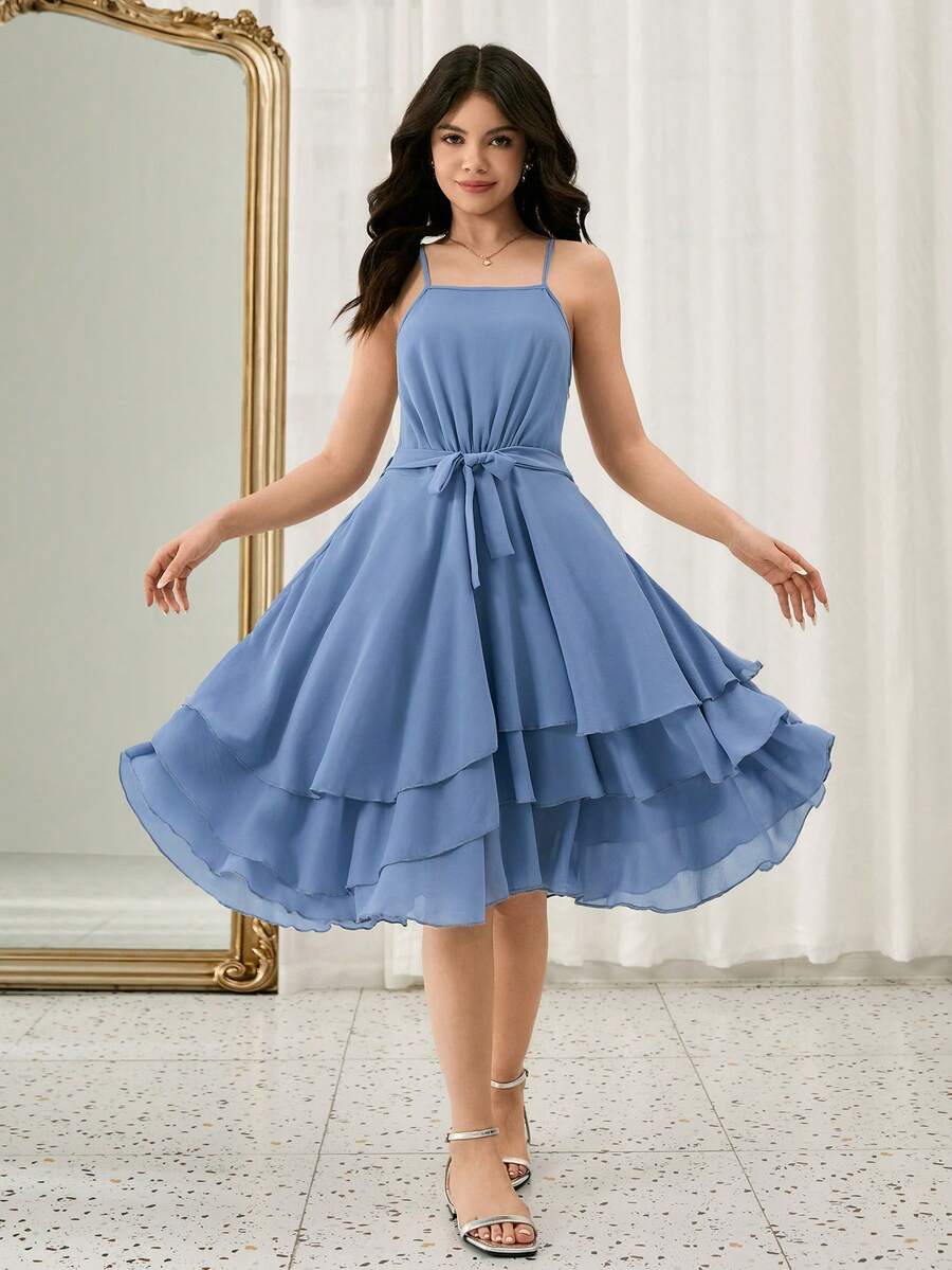 少女时尚纯色腰带多层吊带连衣裙 - 霧霾藍 - 查看 1